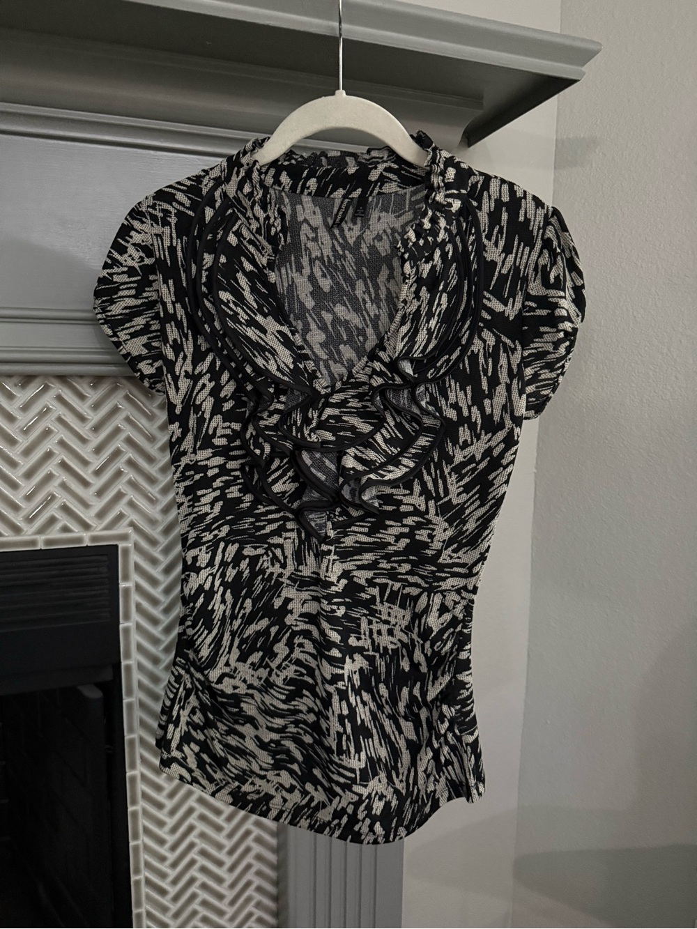 HeartSoul Black and White Ruffle-Neck Blouse